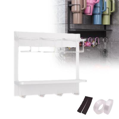 New Wall-mounted Cup Storage Rack Metal 2-in-1 Cup Storage Holder Multifunctional With 5 Hooks Fridge Organizer Shelf Home