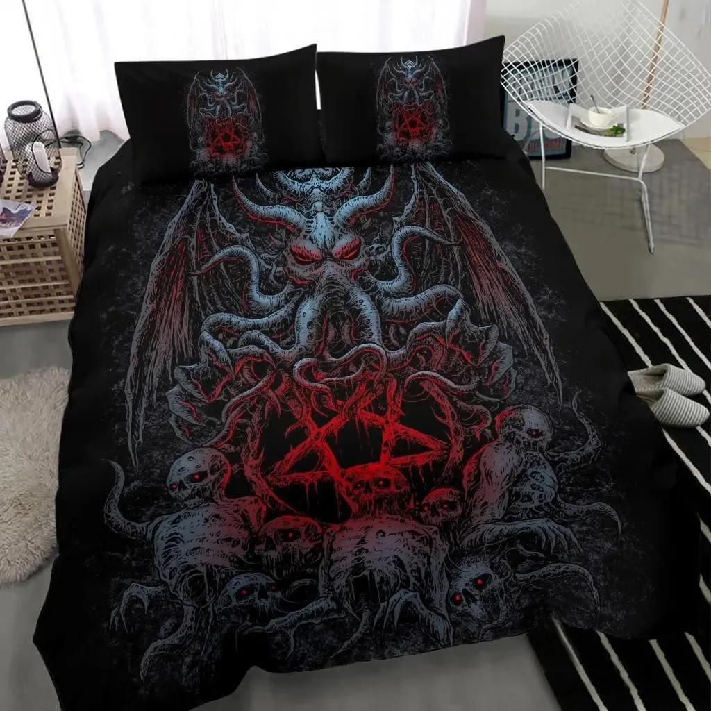 Beding Set Skul Cthulhu Satan Black Goat Printed Cozy Soft Duvet Cover King Quen Twin Single Sized Dimensions Birthday Gift Bedrom Decoration
