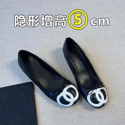 Schaapsleer versie~ 5cm kleine binnenhoogteverhoging kleine geurige wind ruit enkelvoudige schoenen dames Frans retro pendelen ballerina's