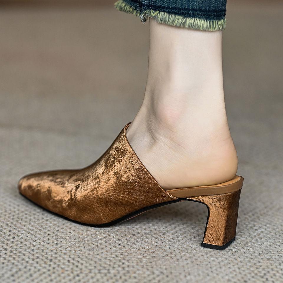 Silk Cool Slippers Women's 2025 Spring and Summer New Outer Wear Thick Heel Brown French Casual High Heel Slippers Bag Head Half Drag