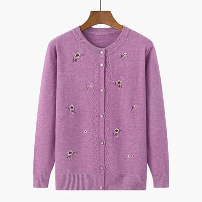 Autumn Embroidered Cardigan for Middle-Aged & Elderly Women: Button-Up, Round Neck Knit Top