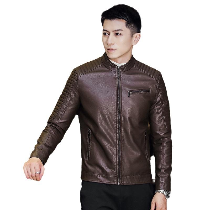 Men's coat trend slim fit versatile spring and autumn new pu leather jacket stand-up collar locomotive jacket men's top coat men's