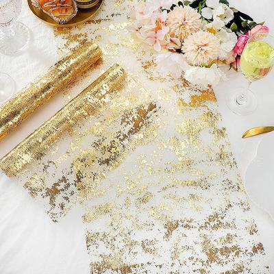Chemin de Table Or Métallique 300*28cm Paillettes Sequins Feuille Maille Rouleau Nappe Fête Mariage Anniversaire Décoration de Table