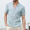 Plus Size Men's Summer Comfortable Thin Breathable Short Sleeve Linen T-Shirt Simple Fashion Solid Stand Collar Button Top with Pocket