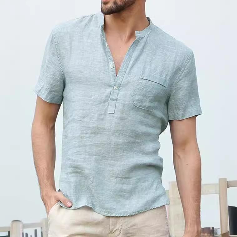Plus Size Men's Summer Comfortable Thin Breathable Short Sleeve Linen T-Shirt Simple Fashion Solid Stand Collar Button Top with Pocket