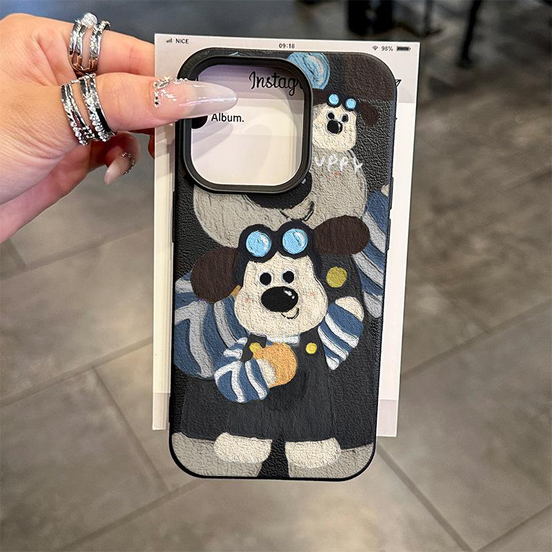 Oil Painting Cute Boss Dog for IPhone16/15p Lychee Pattern 14 for Apple 13 Mobile Phone Case 12 Sets