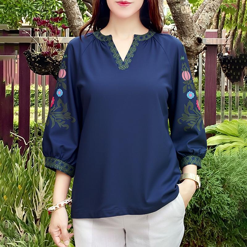 ZANZEA Women Casual V-Neck Retro Print Splice 3/4 Sleeve Loose Blouse