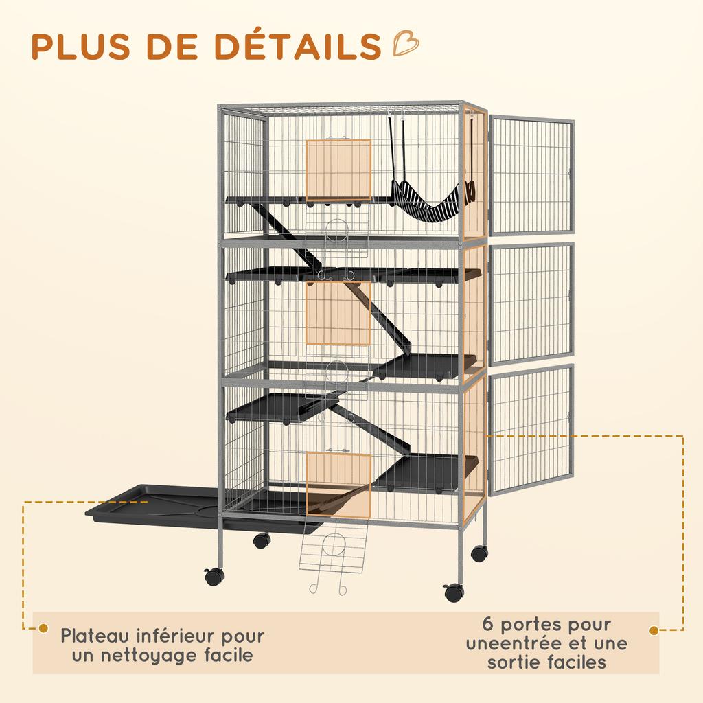 Multifunctional rodent cage with 4 platforms, 3 ramps, and 4 doors. Dimensions: 80L x 52W x 159H cm. Silver-grey/black steel.