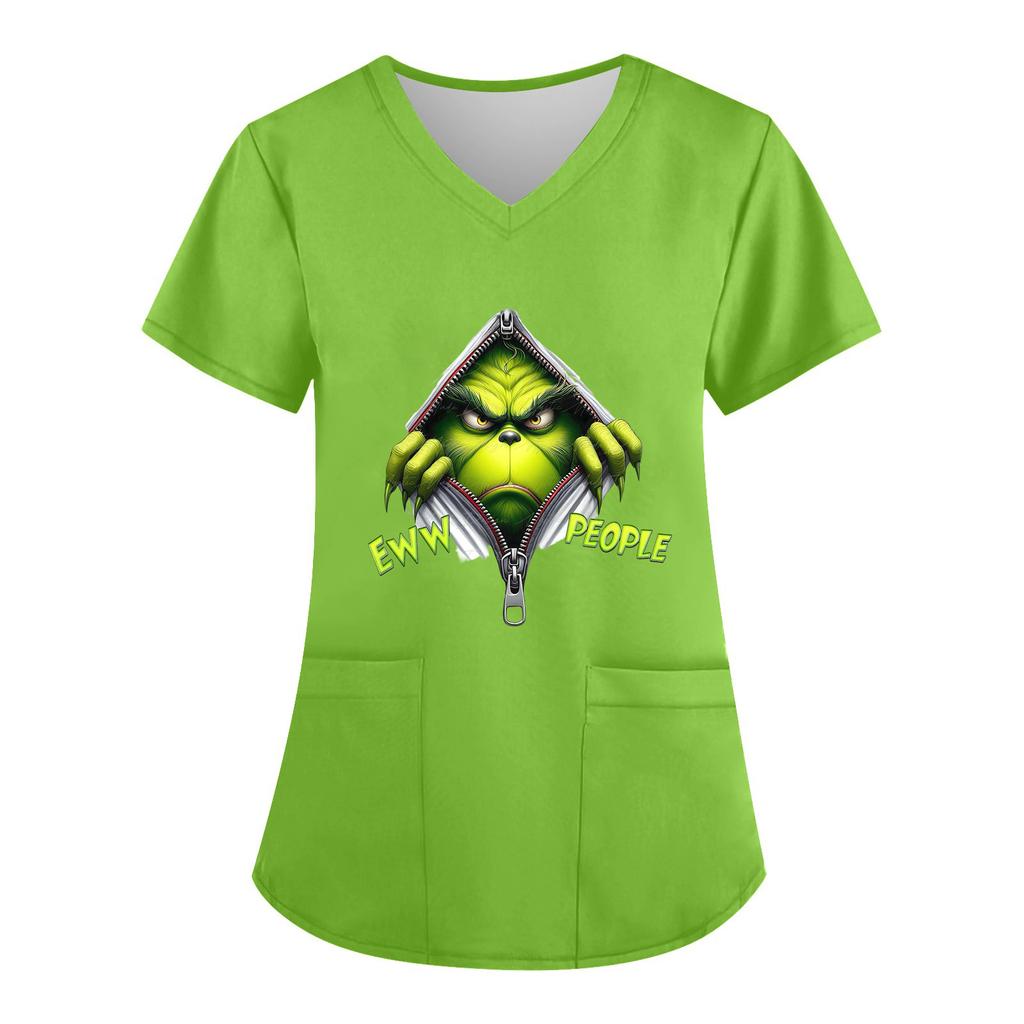 Women's V-neck Christmas Print Short-sleeved Pocket Side Slit Uniform Top