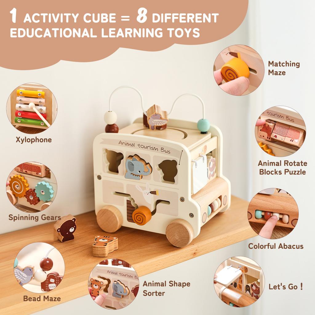 Children Wooden Early Education Multifunctional Hexahedron Busy Box Push Cart, Montessori Bus Car Educational Toy