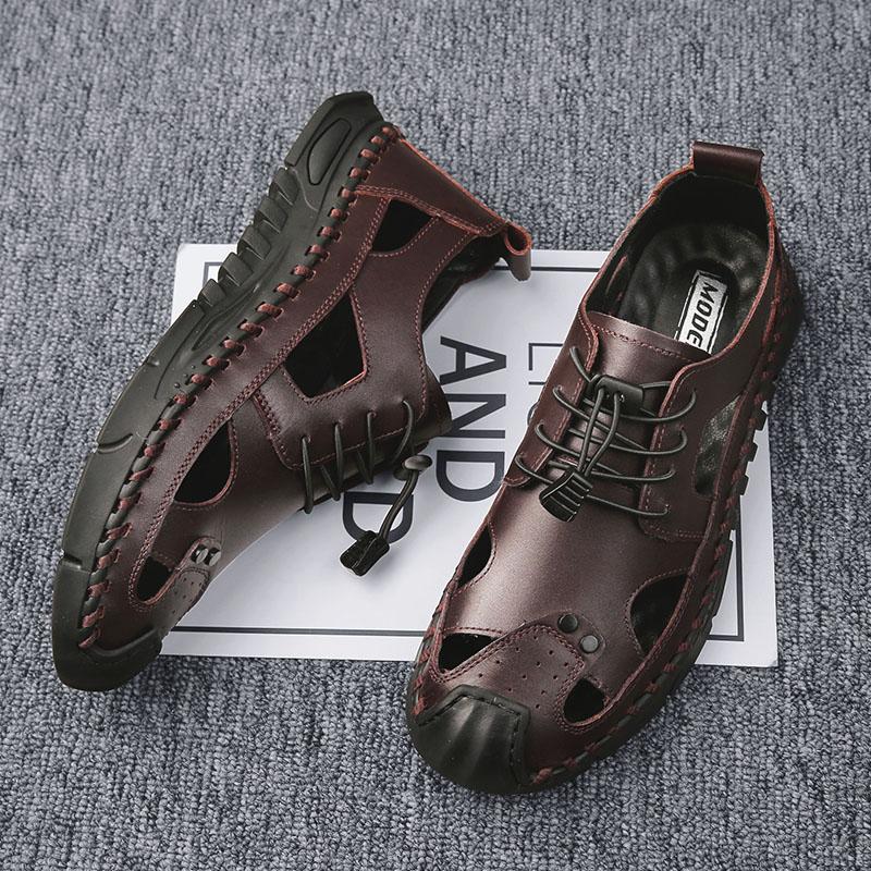 Fashion British Style Men Genuine Leather Flat Designer Shoes 2025 New Summer Breathable Casual Outdoor Walking Shoes Hand Beach Sandals