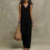 2026 Summer European and American New Women's Clothing Amazon Solid Color Casual Suit Cross-border V-neck Women's Top Set New