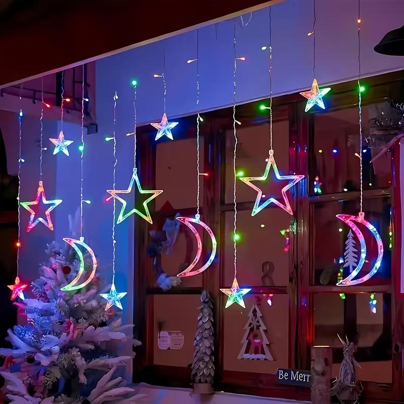 USB & Battery Operated Star Moon Curtain String Lights, Warm White & Multicolor LED Fairy Hanging Lights for Bedroom, Christmas, New Year Indoor Decor