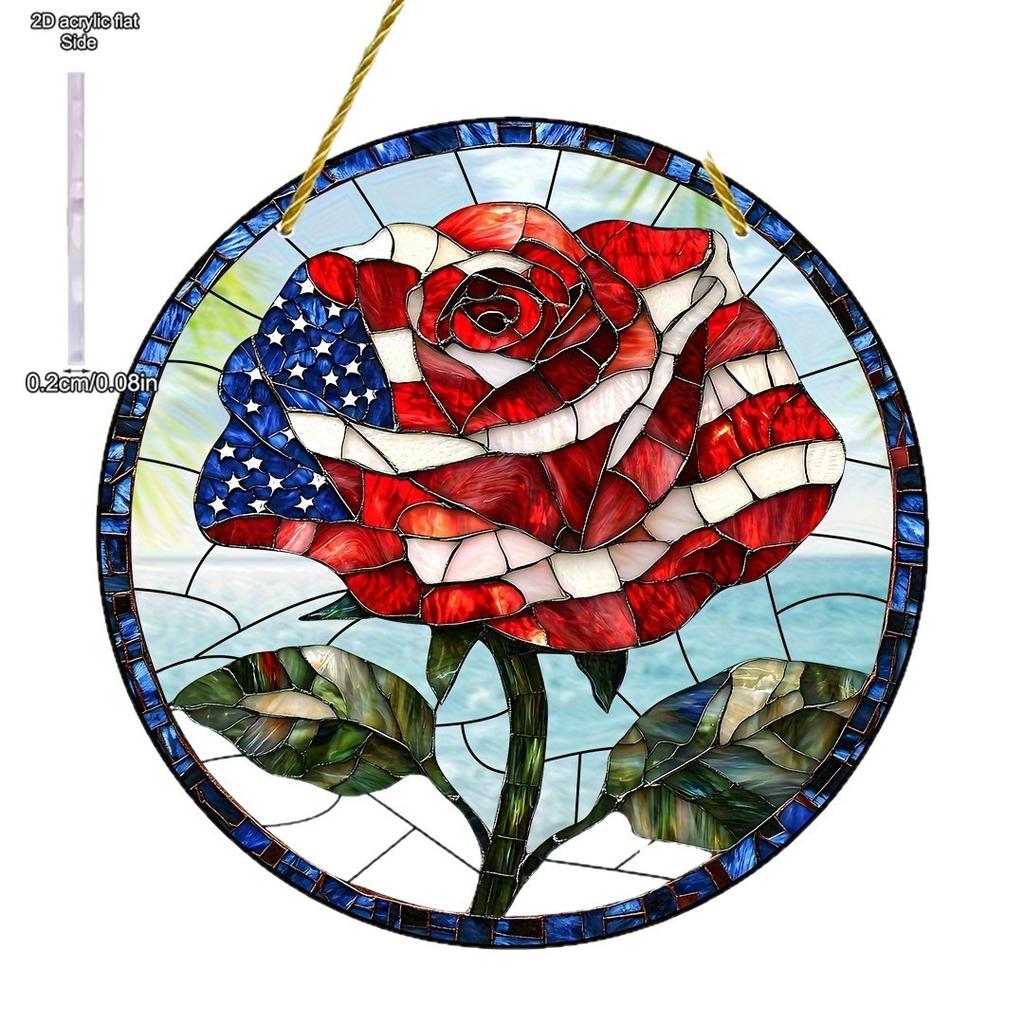 American Flag Rose Theme Sun Catcher Acrylic Hang Sign, Nurseries, Vintage Home Decor Wall for Bar Kitchen, Restaurant Shop Wall Decor, Garden Decorat