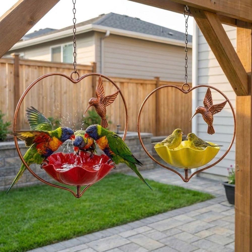 Wide-Mouth Heart Shape Bird Feeder Iron Art Retro Bird Bath Flower Bird Water Feeder Courtyard