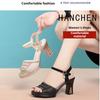 Mesh Comfortable Fashion Temperament Thick Heel One-word Buckle Rhinestone Sandals Women's High Heel Sandals