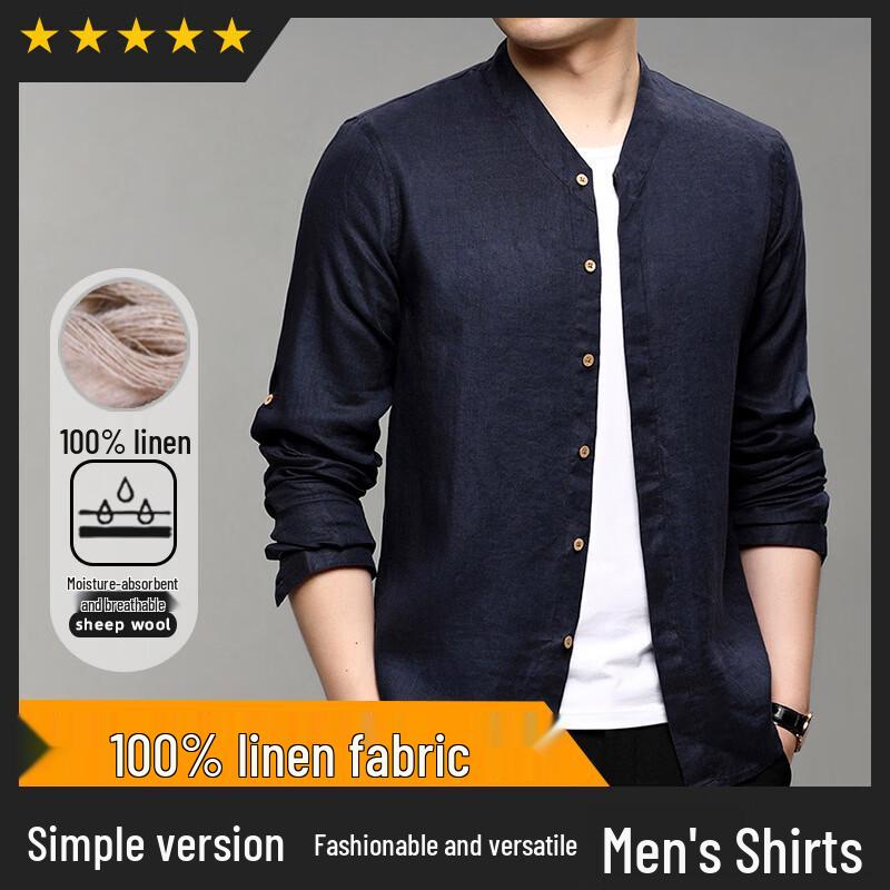 Men's Pure Linen Long-Sleeve Shirt with Stand Collar