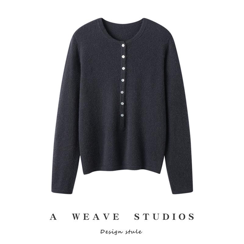 2025 A/W Women's 100% Pure Cashmere Knit Sweater: Loose Fit, Thick Base Layer with Chest Button