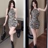 ISLAYCAOLILA DS7 Lara Cabaret Mini Club Party Tight Mini Zebra Halter Open Size Black Women's Dress, Dress, Dress, Dress, Dress, Dress, Print, Neck,