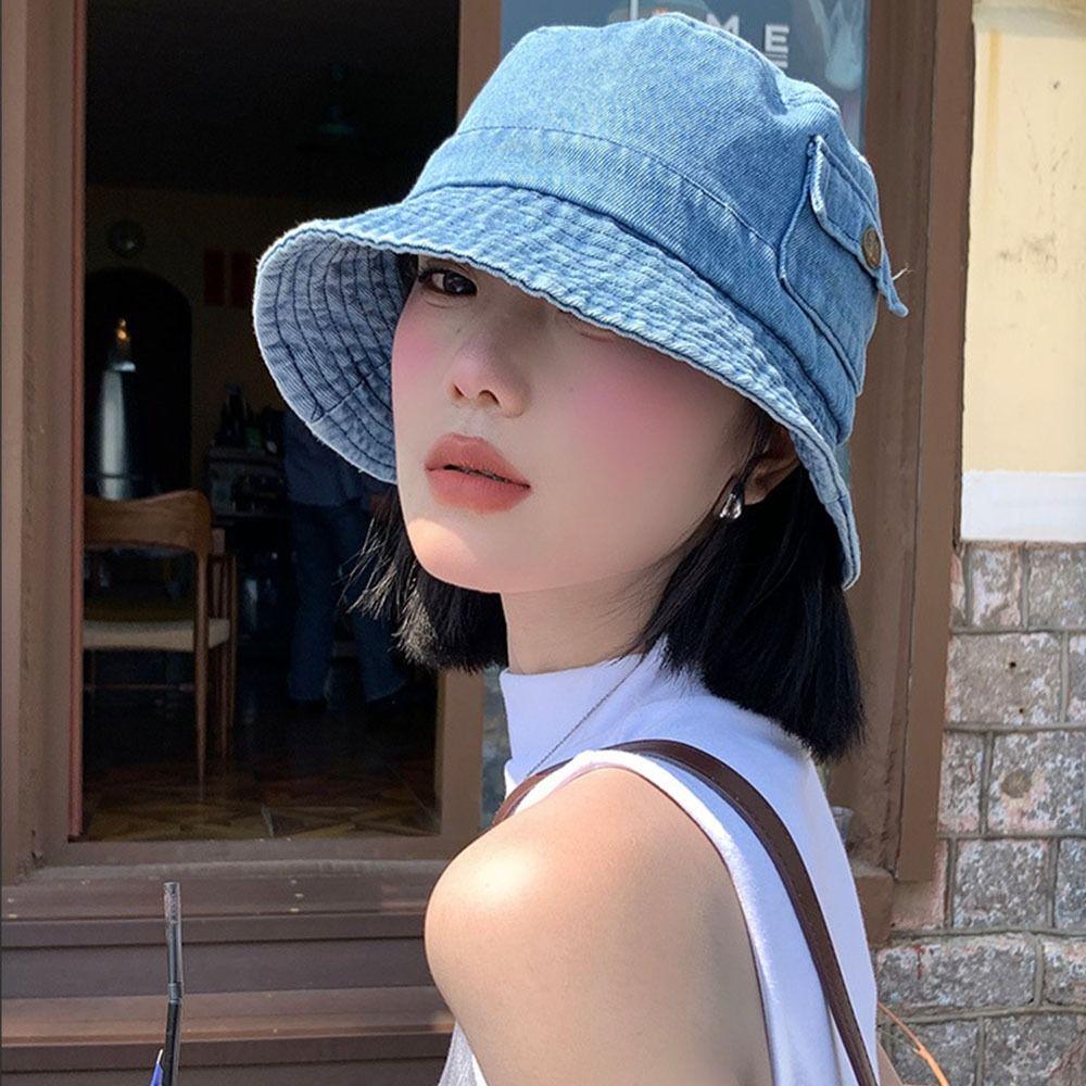 Solid Color Pocket Sun Hats Vintage Fisherman Cap New Denim Bucket Hat  Men Women