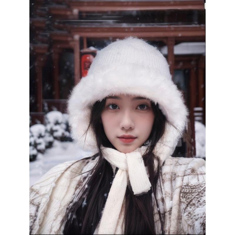 

Korean rabbit fur autumn and winter hats women s winter knitted ear protecting hats cycling hats with fleece windproof and warm One size