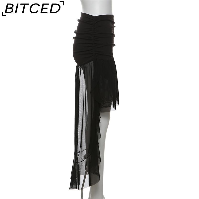 BITCED Fall Solid Color High-Waisted Sexy Mesh Ribbon Short Skirt for Women