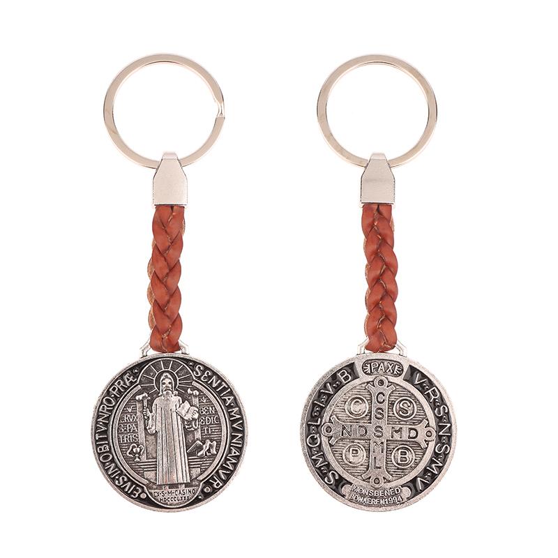 

1Pc Vintage Saint Benedict Pu Leather Keychain For Men Women Bag Charm Ornaments Religious Gift