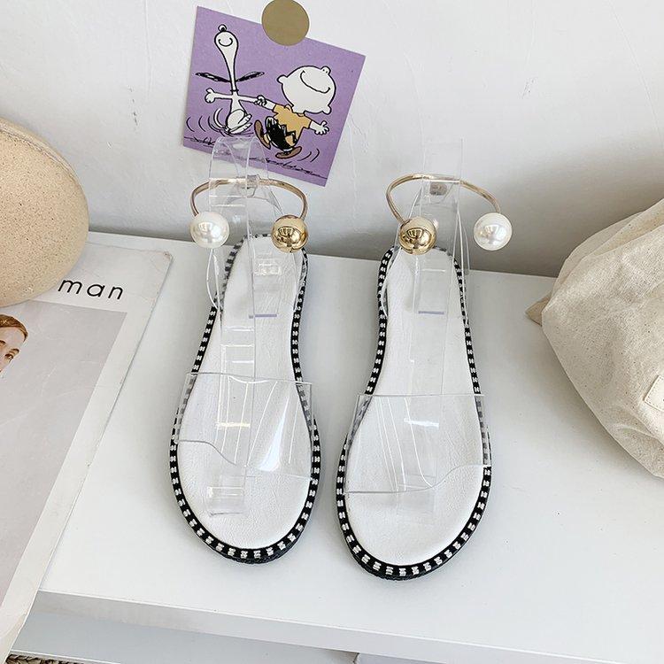 Dámské letní sandály s otevřenou špičkou, jednoduché ploché římské sandály, dámské boty s perlovou přezkou, plážové sandály