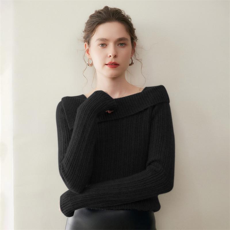 One-Shoulder Solid Color Cashmere Women's Ribbed Knit Sweater - Slimming Lazy Style for Autumn/Winter New Arrivals