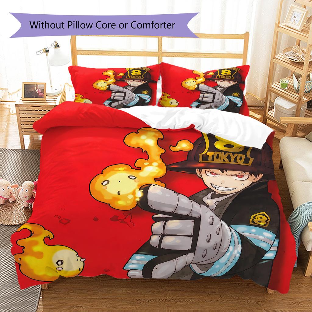 Fire Force Pattern Bedding,Quilt Set Quilt Cover Pillowcase Home Birthday Gift (1 * duvet cover + 2 * pillowcase, without core)