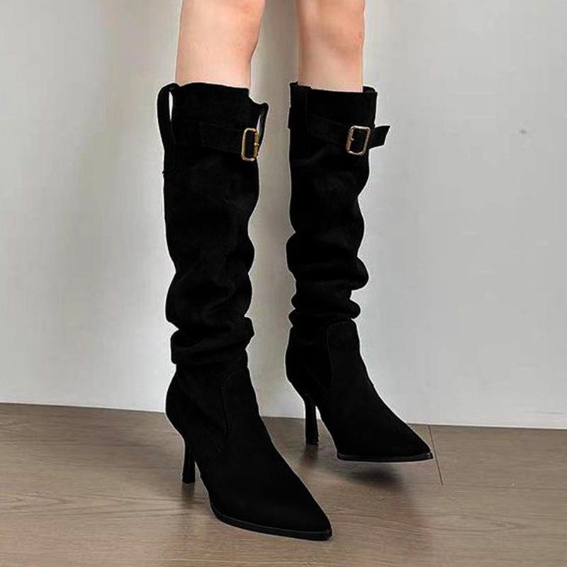 Sleeve Belt Buckle Stiletto Pleated Tall Boots Women's Fashion Pointed Toe Suede Non-Slip Heel Stack Boots