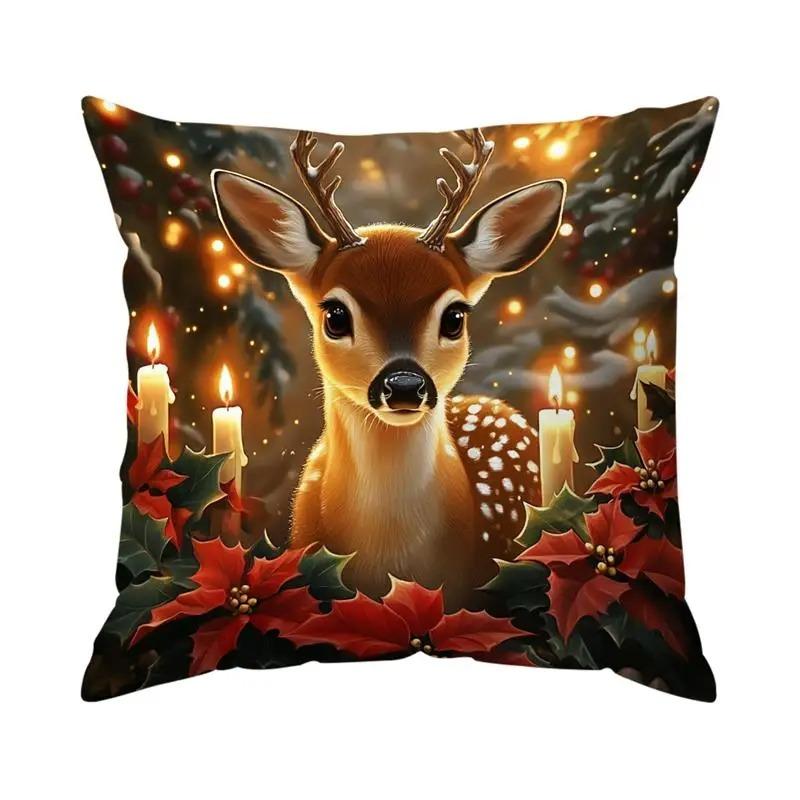 Home Decor Deer With Poinsettia And Holiday Lights Pattern Cushion Covers For Sofa Bedroom Car Pillow Covers