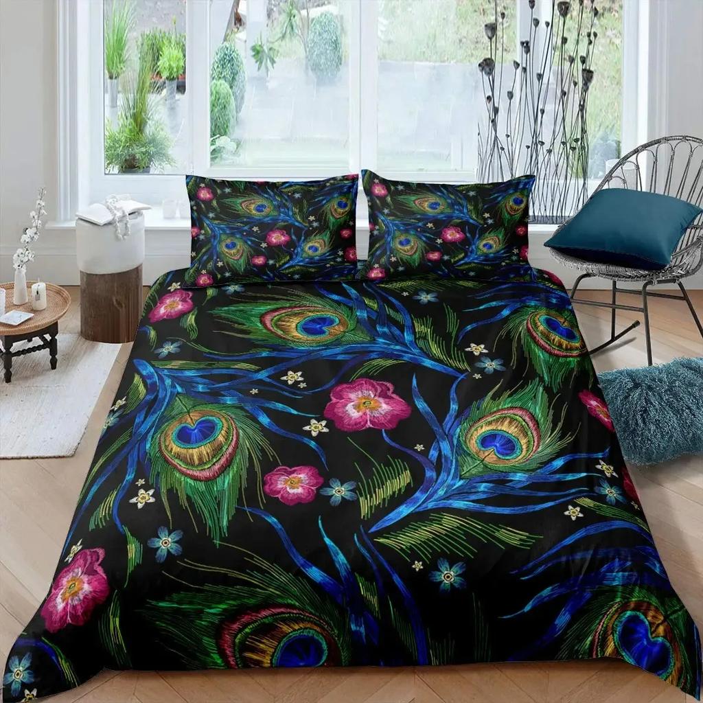 Peacock Feather Duvet Cover Set Full Queen Size Birds Feather Bedding Sets Chic Fantasy Peacock Feathers Comforter Cover