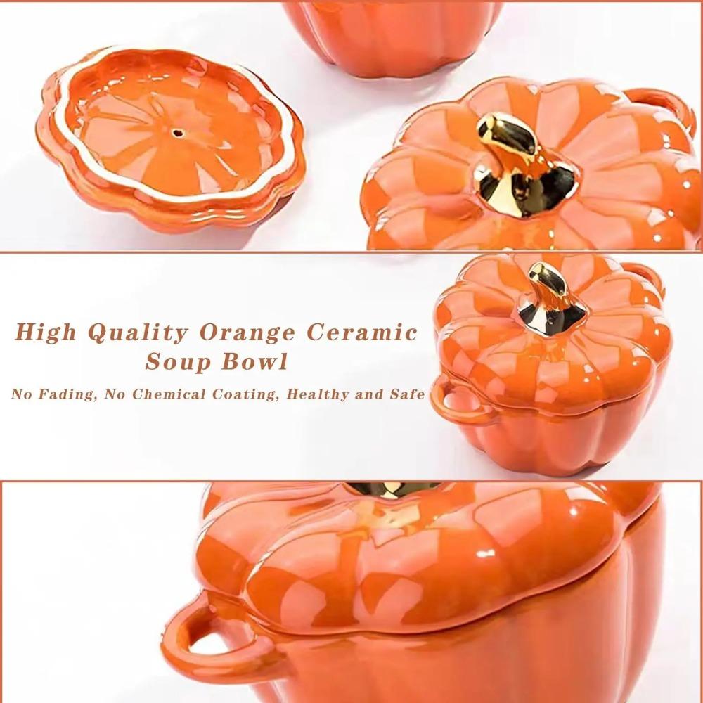 6.5inch Ceramic Bowl With Lid And Handle Pumpkin Ramekins For Baking Casserole Dish Individual Severing Pot Oven Safe