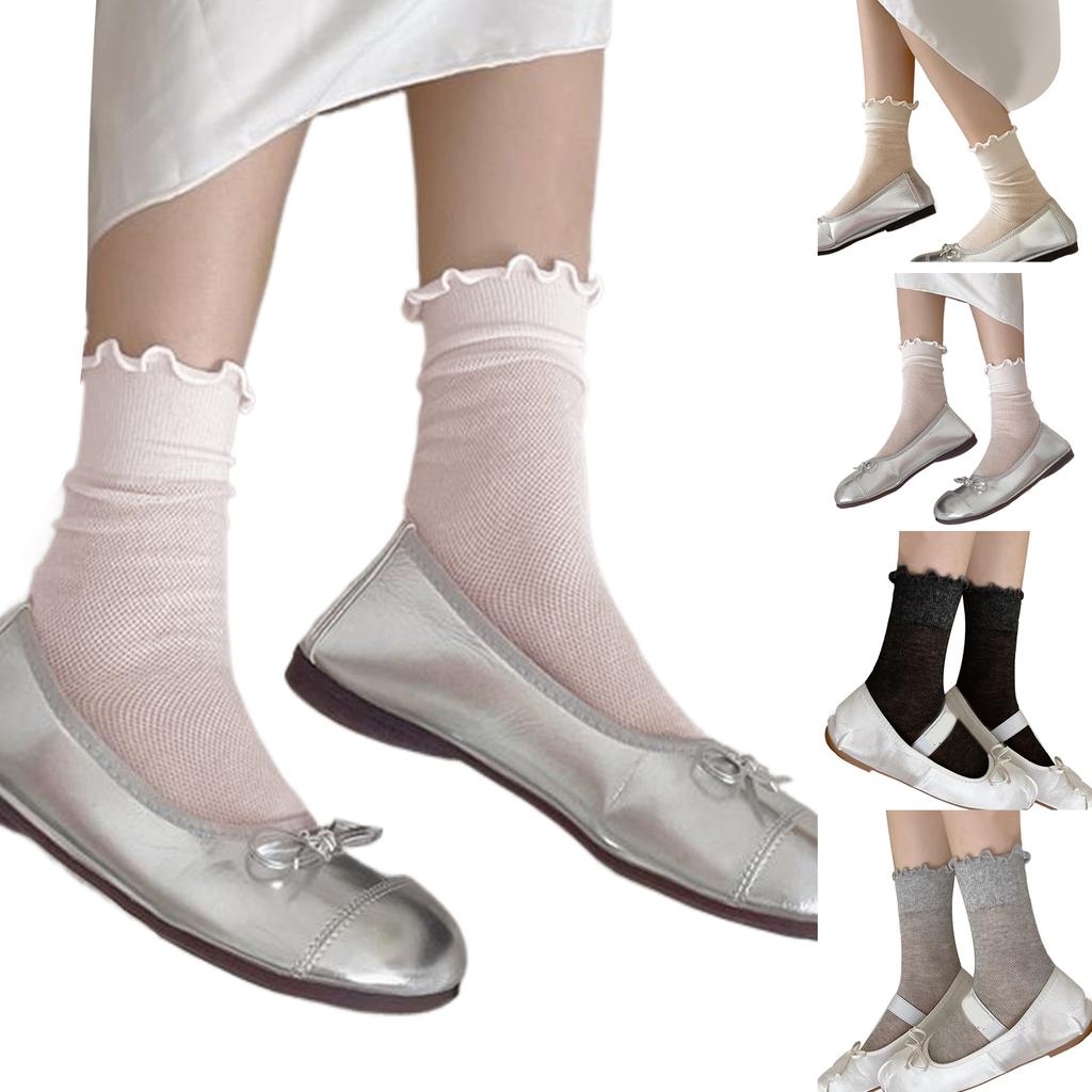 Stylish Womens Solid Color Middle Length Mesh Socks with Ruffle Turn Cuff Frilly Edging Seamless Breathable Crew Socks