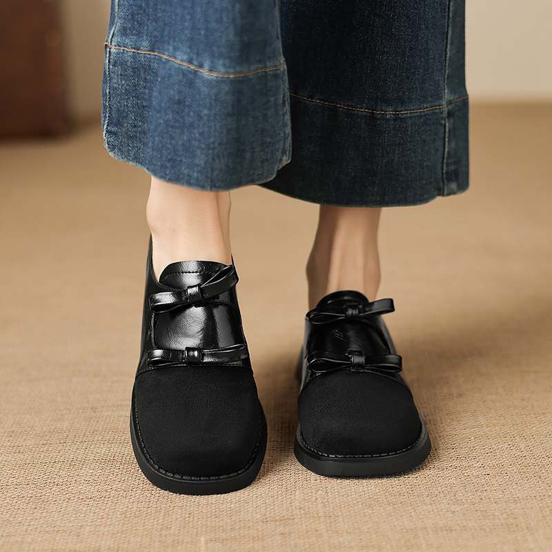 Krazing Pot Flock Round Toe Thick Med Heels Spring Summer Shoes Big Size 43 Size 33 Women Slip on Butterfly-knot Platform Pumps