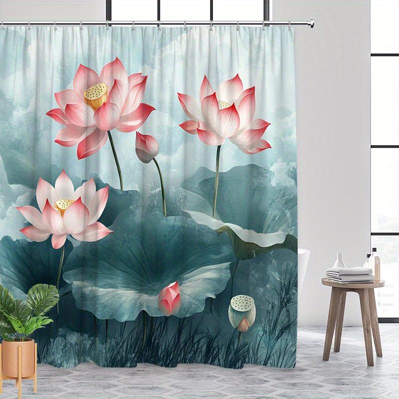 1 Tranquil Lotus Pond Shower Curtain - Elegant White and Pink with Lotus Flowers and Soft Watercolor Clouds, Polyester Fabric