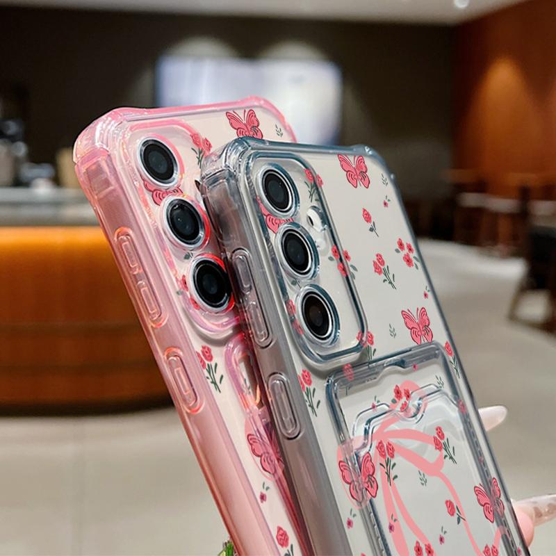 Card Bag Wallet Case For Samsung Galaxy S25 S24 S22 Ultra S23 S24 FE A56 A55 A35 A15 A16 Full Screen Pink Flower TPU Phone Cover