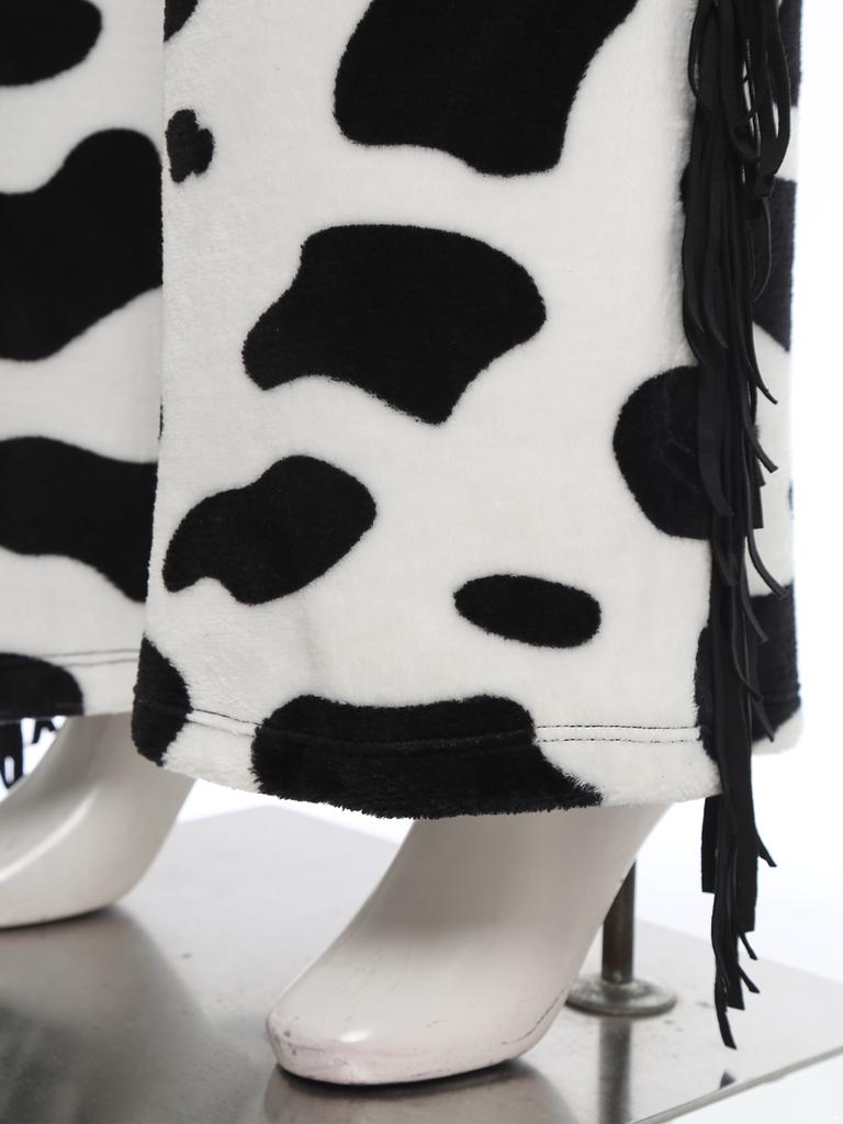 Dámské flanelové dlouhé kalhoty se vzorem kravích skvrn - se střapcem na boku, nastavitelným pasem, otevřeným rozkrokem pro jízdu na kole, jezdecké kovbojské chapsy, Halloween Cosplay