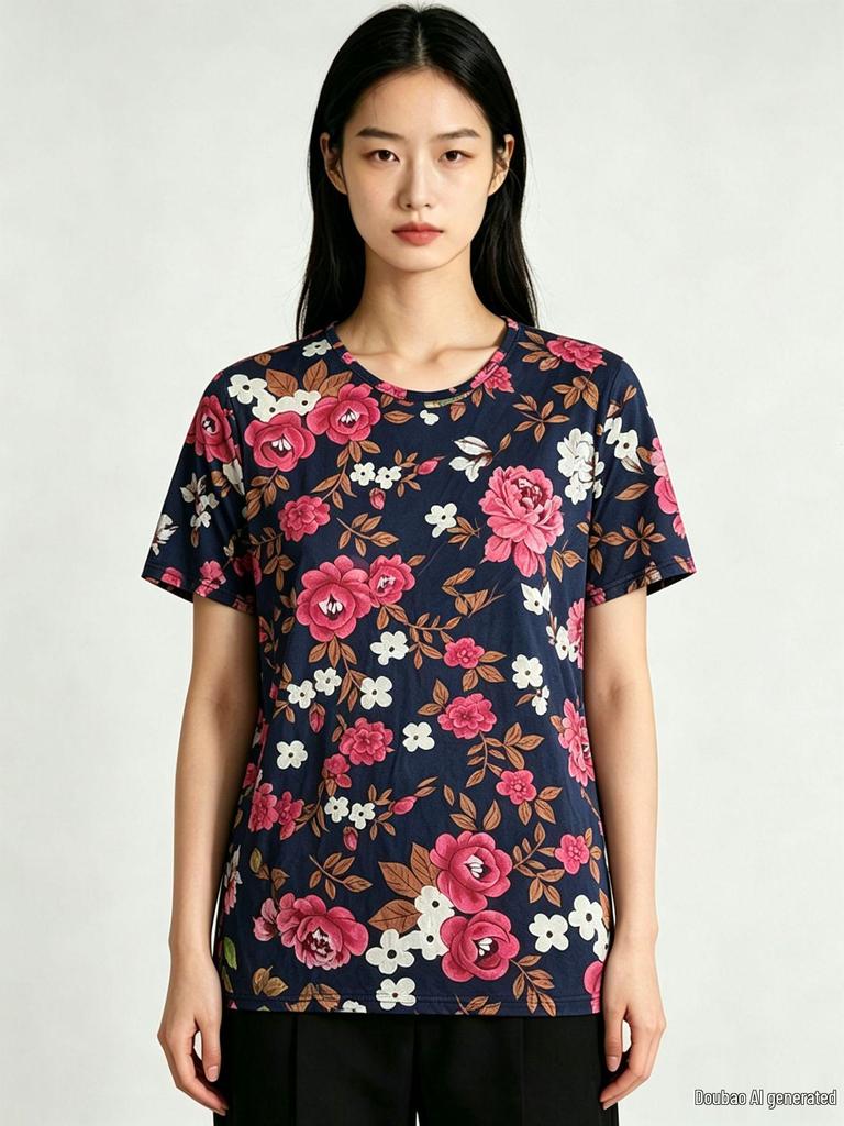 Plus Size Breathable Floral Nine-Point Pants for Mid-Aged and Elderly Women - Summer Ice Silk, Loose Straight Leg Design