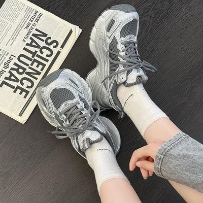 Platform Dad Shoes Women's Autumn New Leather Mesh Breathable Non-slip Running Shoes Fashion Casual Sports Shoes
