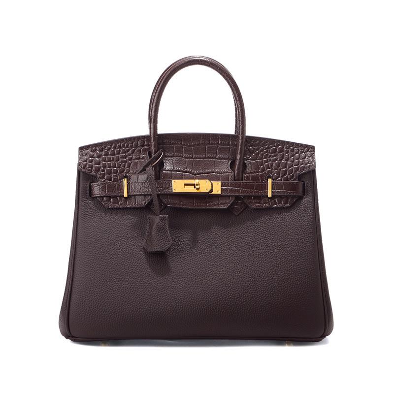 Sac à Bandoulière en Cuir de Vachette Motif Crocodile, Grand Sac à Main Rétro Style Kelly pour Femmes