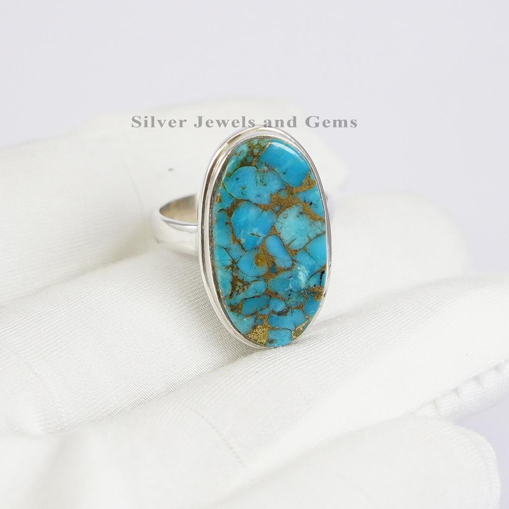 Copper Turquoise Ring, 925 Sterling Silver Ring, Gift for Girls, Oval Blue Turquoise Ring, December Birthstone Handmade Ring