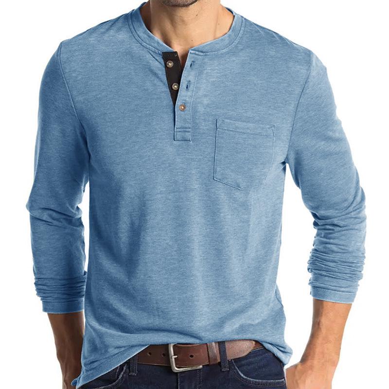 Men's Long-Sleeve Henley Crew Neck T-Shirt for Autumn and Winter