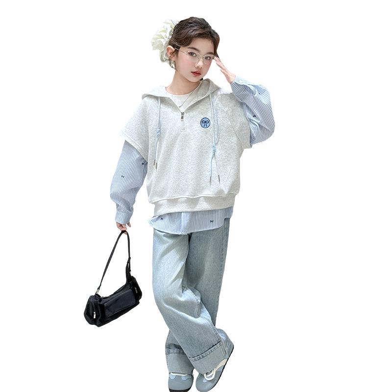 Girls' Spring & Autumn Korean-Style Two-Piece Sweatshirt and Jeans Set (2025)