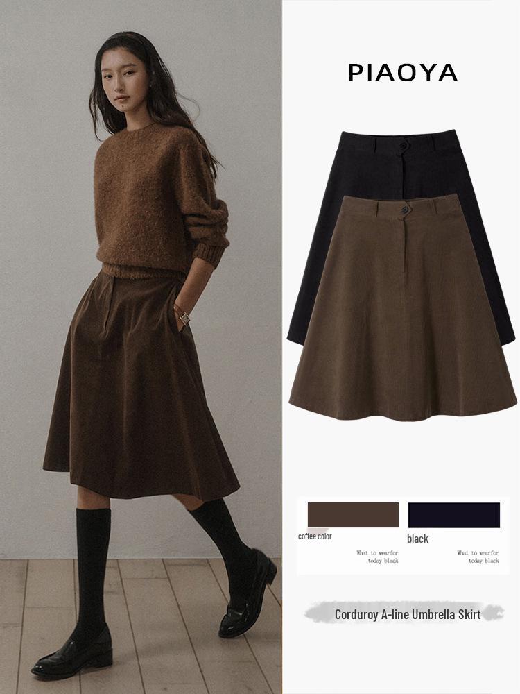 

High-Waist Retro Corduroy A-Line Skirt - Women s Mid-Length, Autumn/Winter Skirt Small кавовий