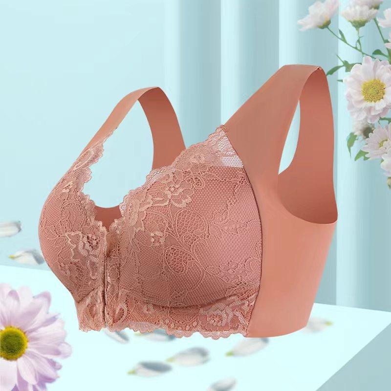 Simple Solid Contrast Lace Front Buckle Bra, Comfy & Breathable Wireless Push Up Bra, Women's Lingerie & Underwear