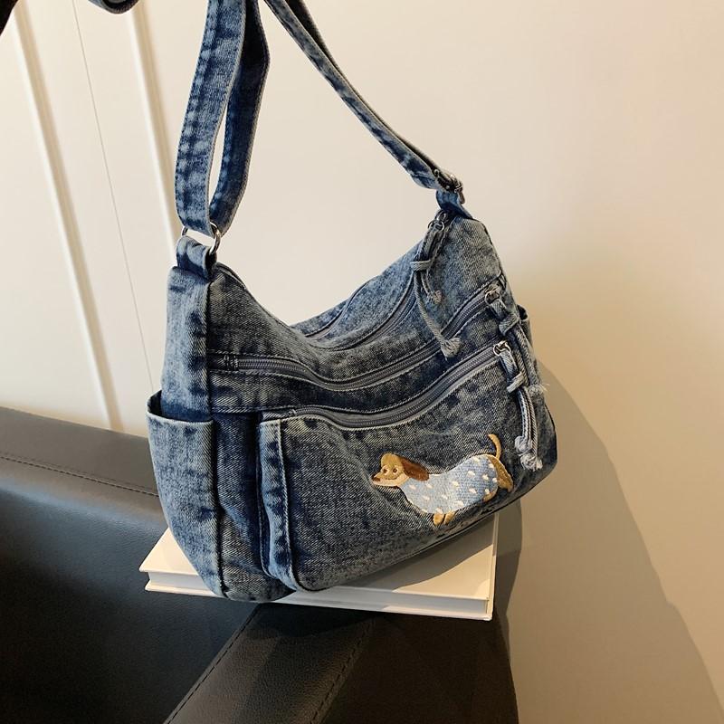 Denim Vintage Shoulder Bag Women Embroidered Cat Crossbody Bag
