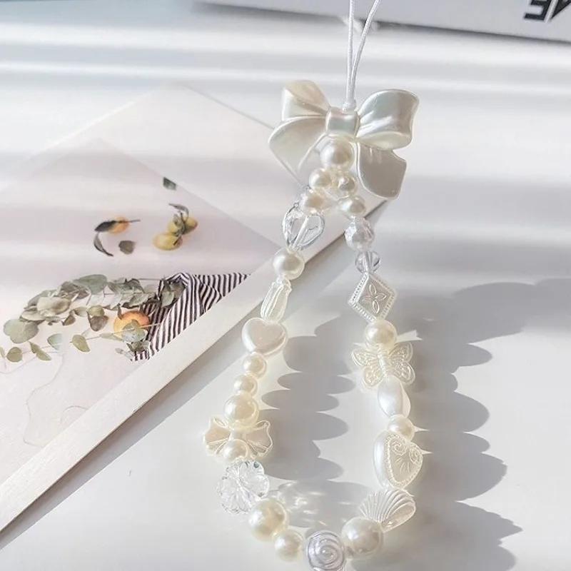 1Pc Pearl Love Heart Bow Beads Cellphone Decor Chain Charm Lanyard Universal Accessories Jewelry Pendant Strap Women Girls