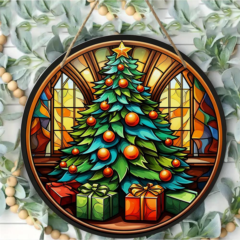 Stained Glass Style Christmas Tree Pattern Round Wooden Hanging Plaque Artistic Wall Art Ornament Indoor Home Festive Holiday Party Decoration